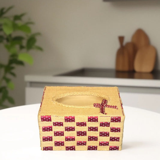 Crimson Check Jute Tissue Box