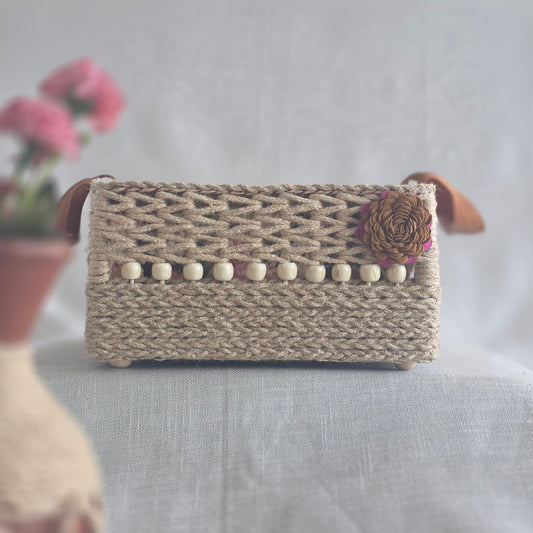 Floral Bead Jute Organizer Basket